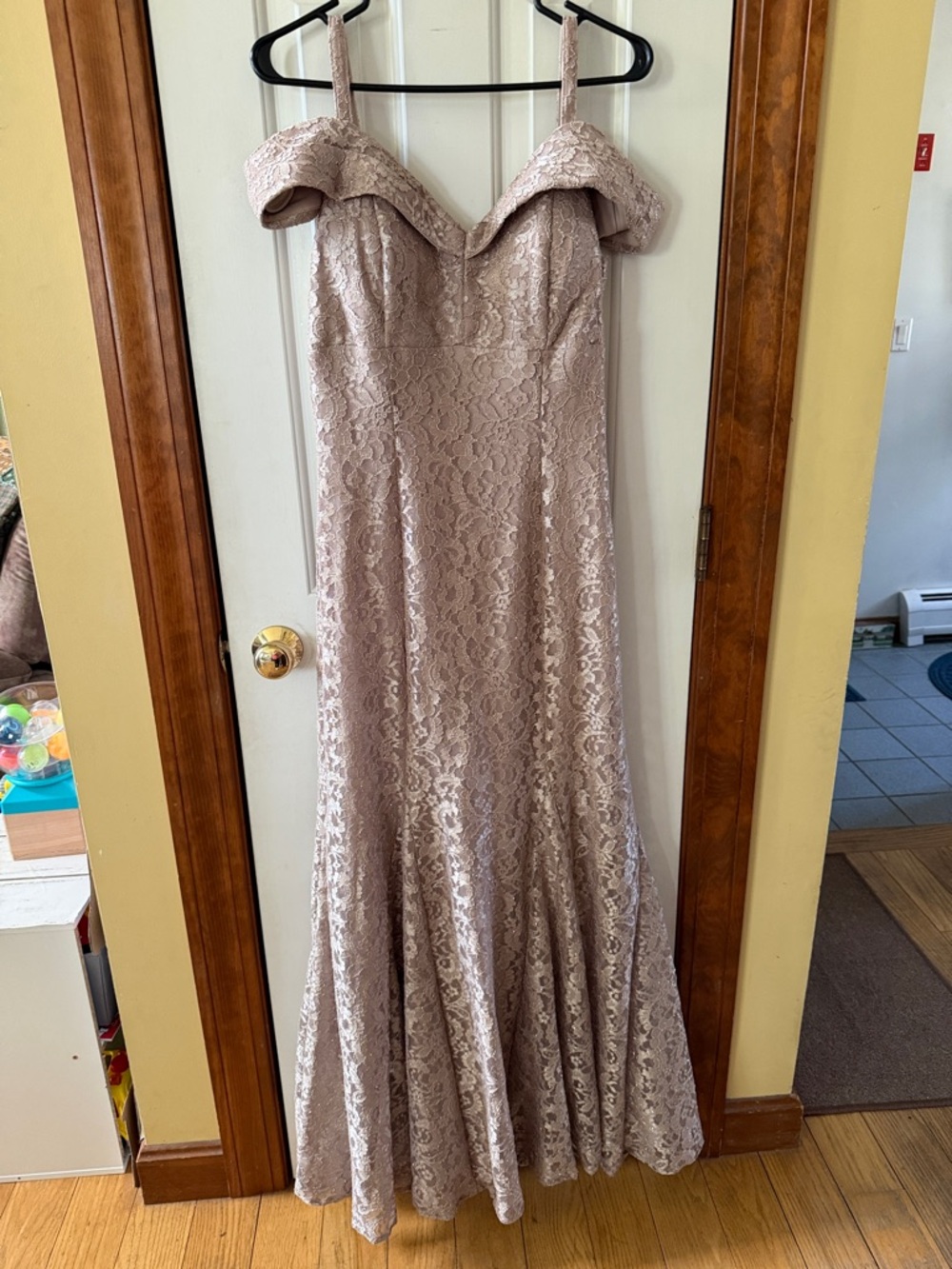 Elegant Lace Off-Shoulder Evening Gown in Blush